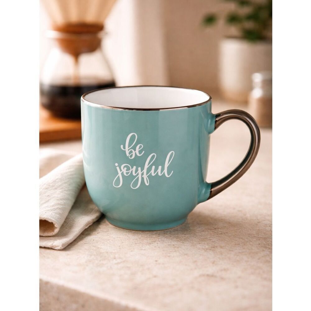 EUC Be Joyful Teal Gold Accent Coffee Tea Cup Mug Inspirational